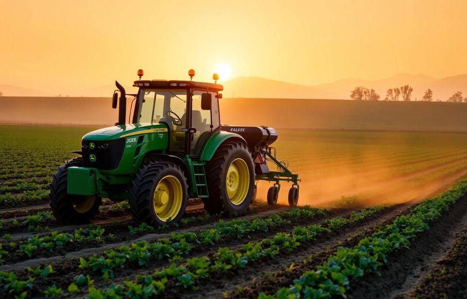 John Deere tractor working a Central Valley almond orchard